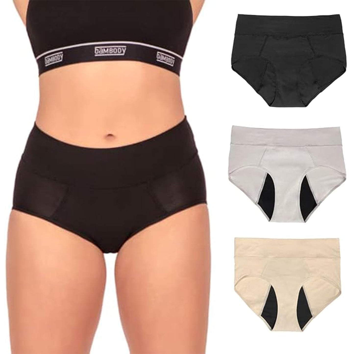 Bambody Absorbent Panties, Period Underwear for Women and Teens - Leakproof, Soft, Comfortable, Breathable - 6X-Large, 3 Pack (Black - Nude - Gray)