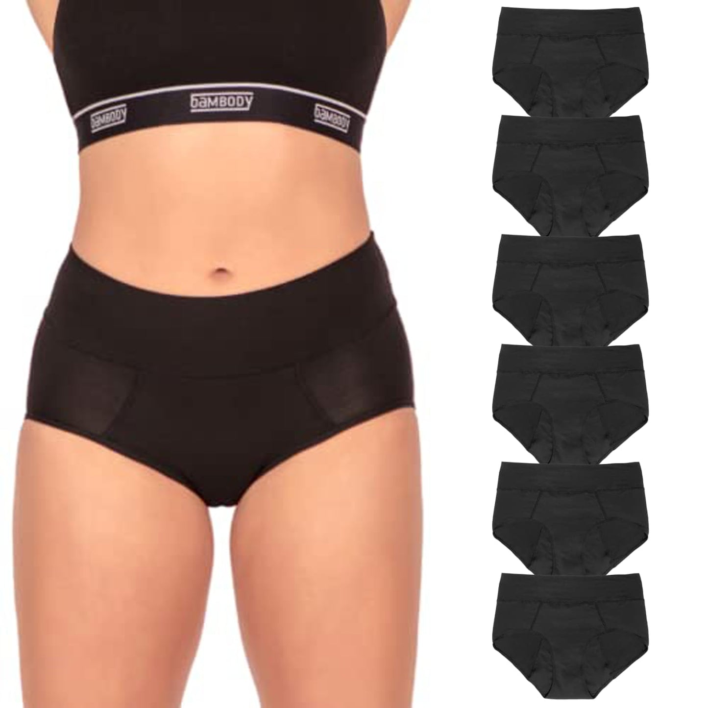 Bambody Period Underwear for Women - Absorbent Maternity & Postpartum Panties w/Silky Smooth & Breathable Fabric for Heavy Flow Menstrual & Incontinence - 3X-Large, 6 Pack Black