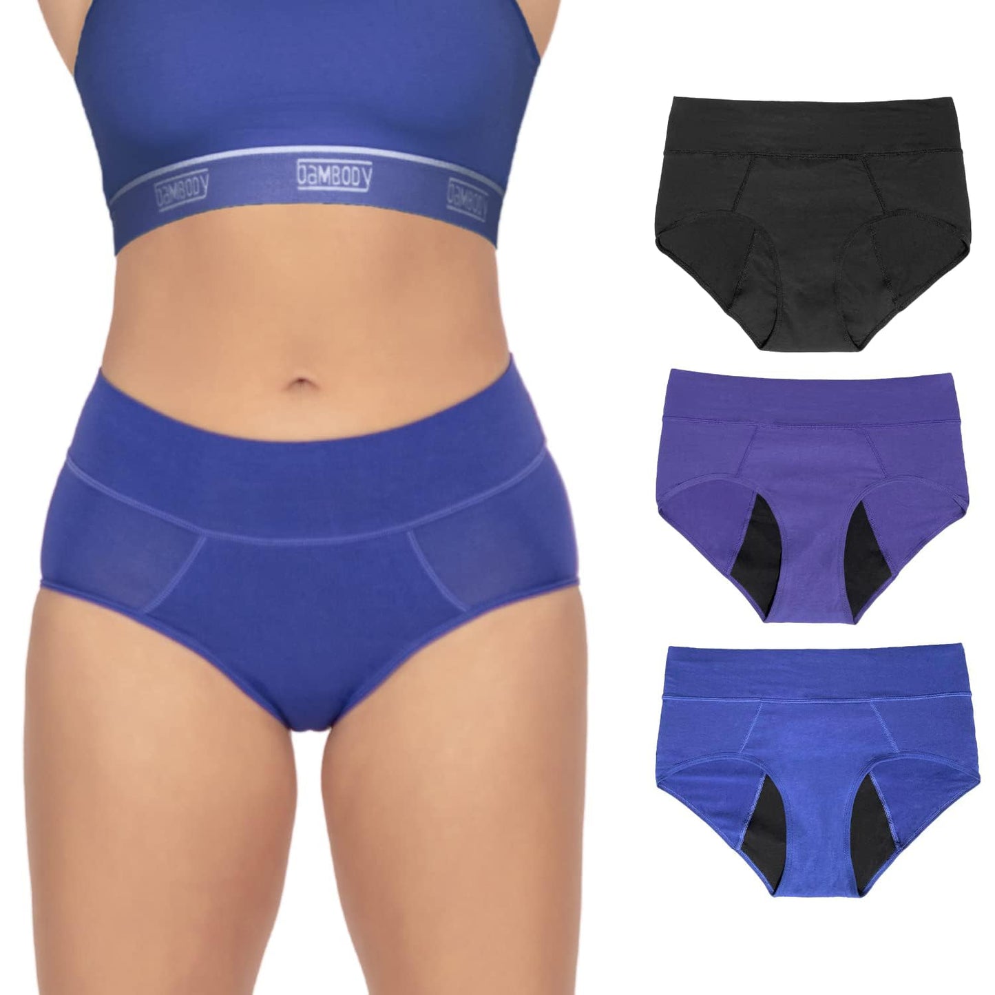 Bambody Absorbent Panty, 5th Gen - X-Large, 3 Pack, Black - Dark Blue - Purple